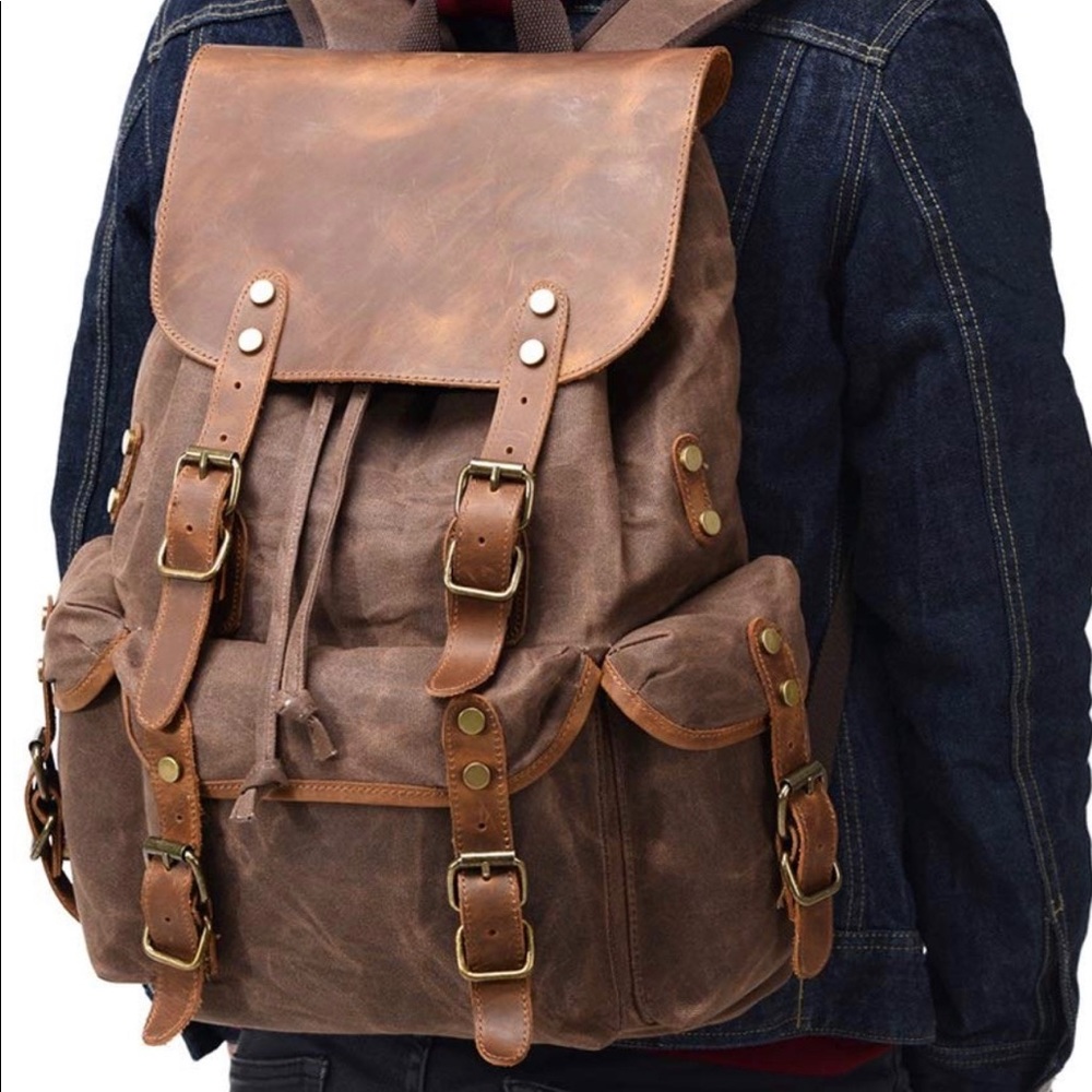 Leather & Waxed Canvas Backpack Coffee Color